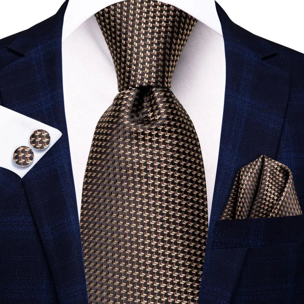 Brown Luxury Blue Plaid Elegant Handky Cufflinks Tie Set