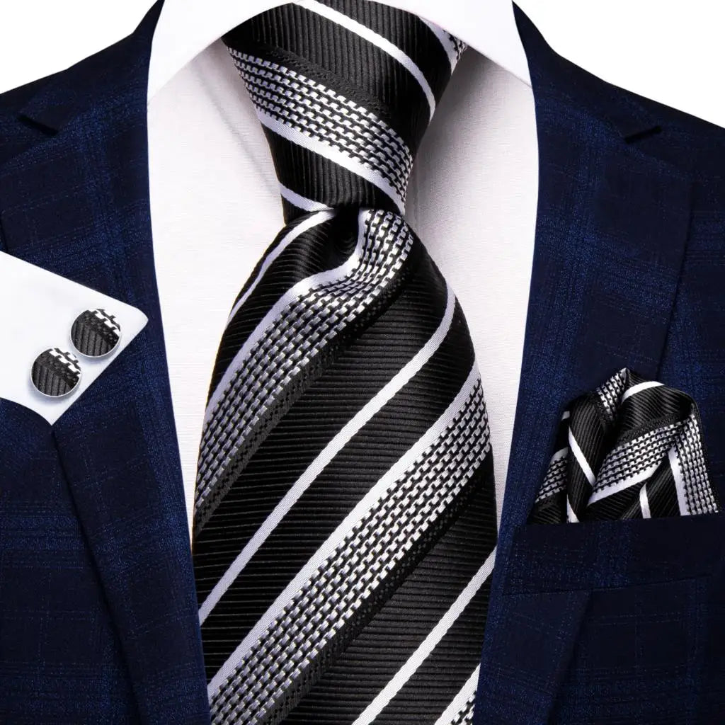 Black Luxury Blue Plaid Elegant Handky Cufflinks Tie Set
