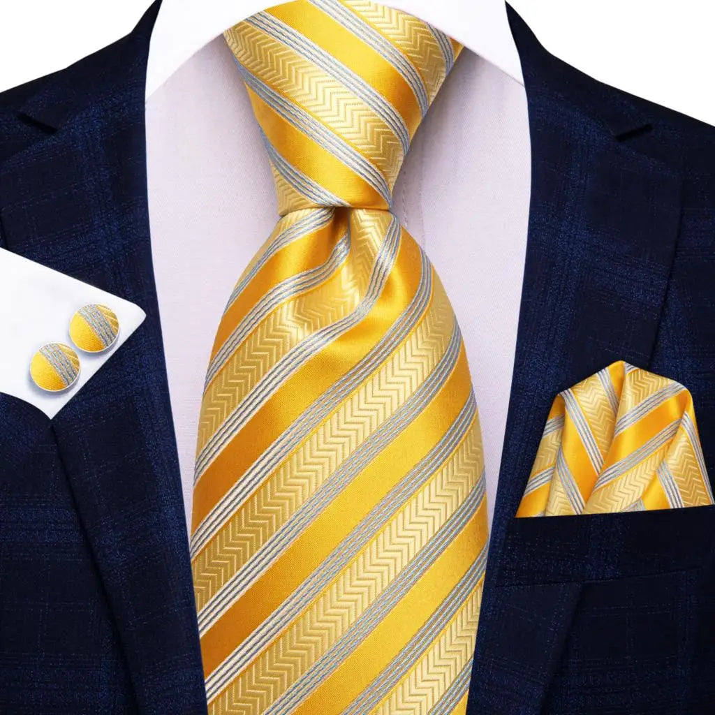 Yellow Luxury Blue Plaid Elegant Handky Cufflinks Tie Set