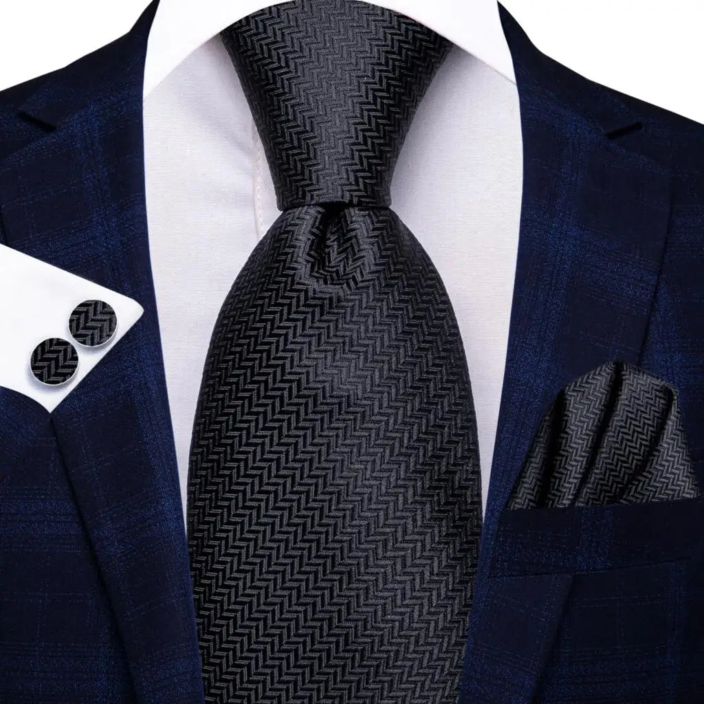 Black Luxury Blue Plaid Elegant Handky Cufflinks Tie Set