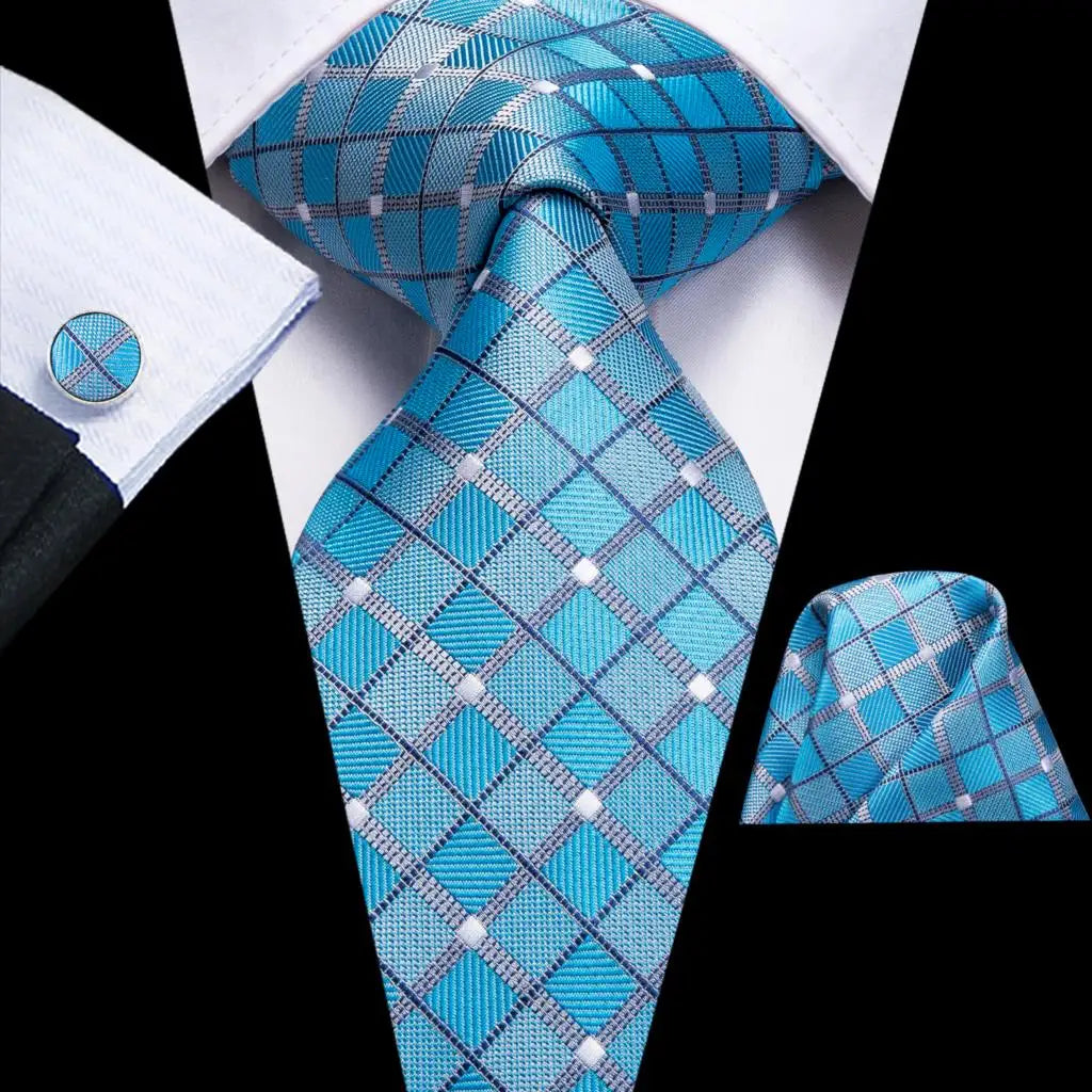 Blue Luxury Blue Plaid Elegant Handky Cufflinks Tie Set