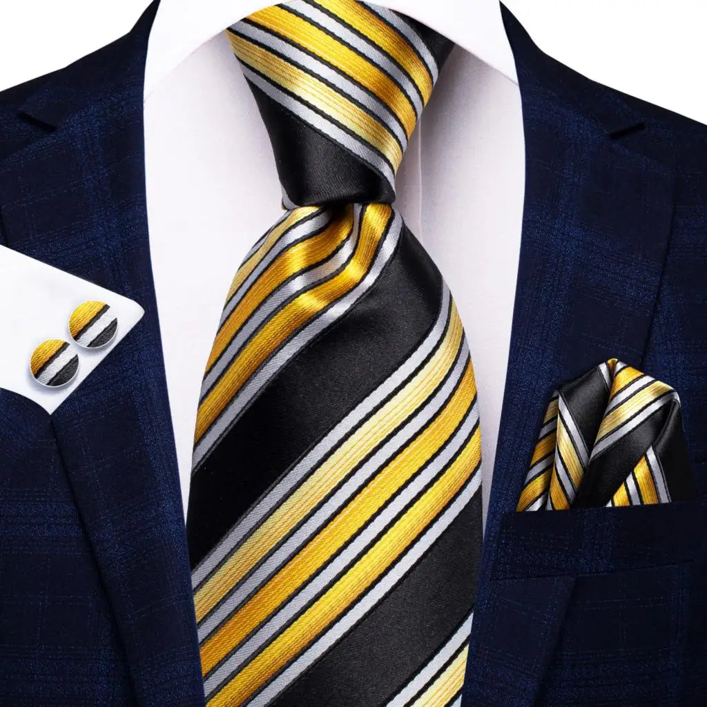 Black Yellow Luxury Blue Plaid Elegant Handky Cufflinks Tie Set