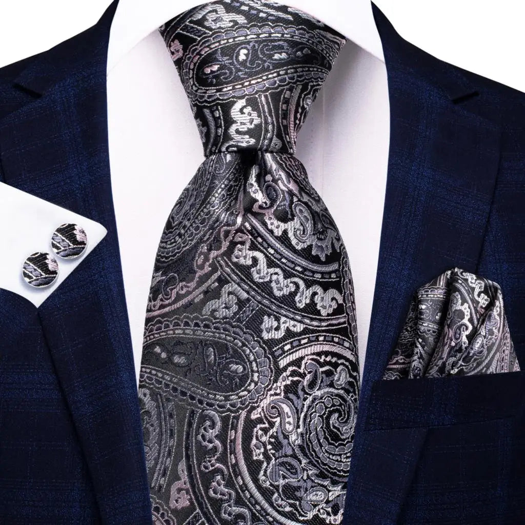 Gray Luxury Blue Plaid Elegant Handky Cufflinks Tie Set