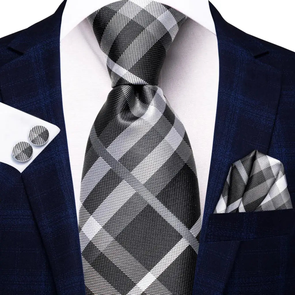 Gray Luxury Blue Plaid Elegant Handky Cufflinks Tie Set