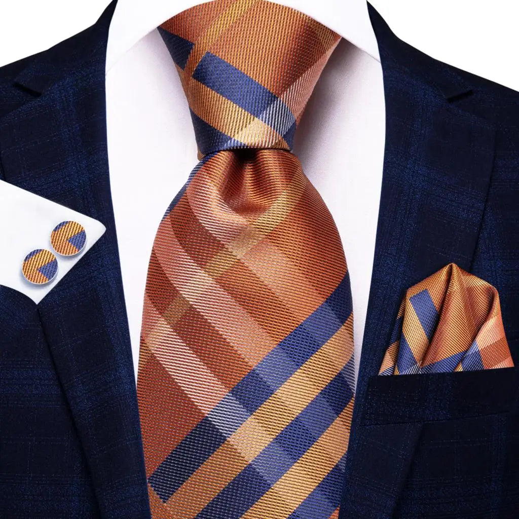 Orange Luxury Blue Plaid Elegant Handky Cufflinks Tie Set