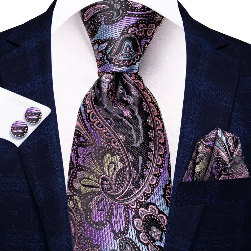 Purple Luxury Blue Plaid Elegant Handky Cufflinks Tie Set