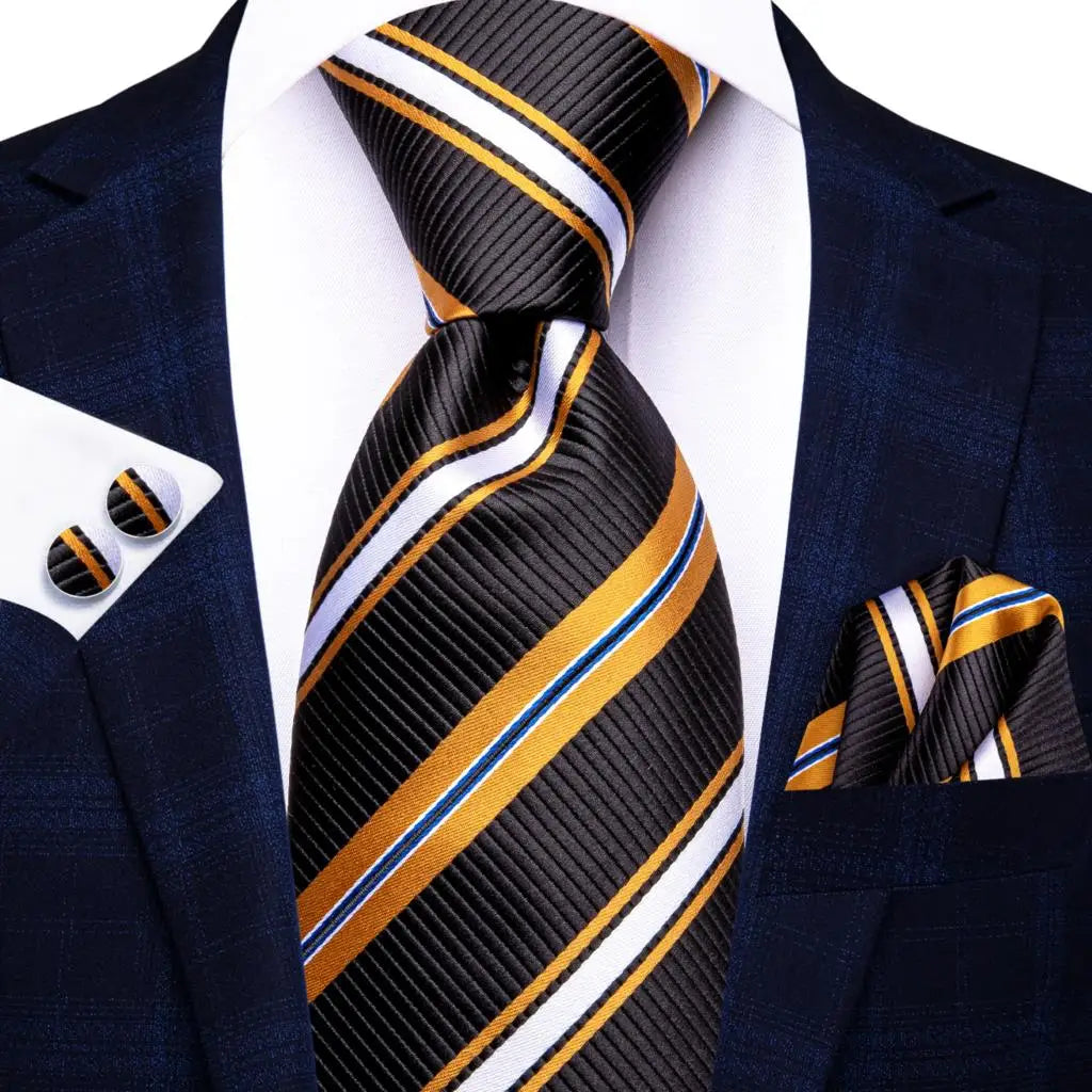 Black Gold Luxury Blue Plaid Elegant Handky Cufflinks Tie Set