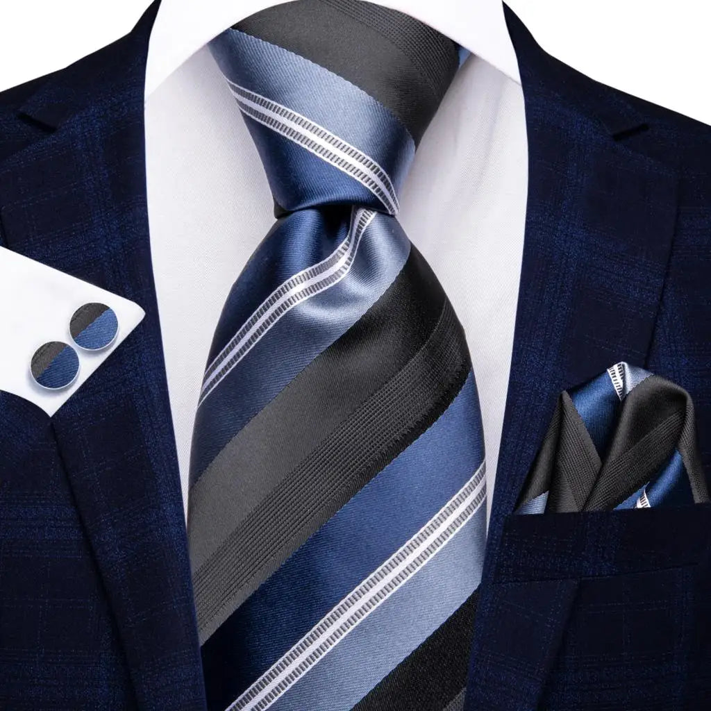 Blue Black Luxury Blue Plaid Elegant Handky Cufflinks Tie Set