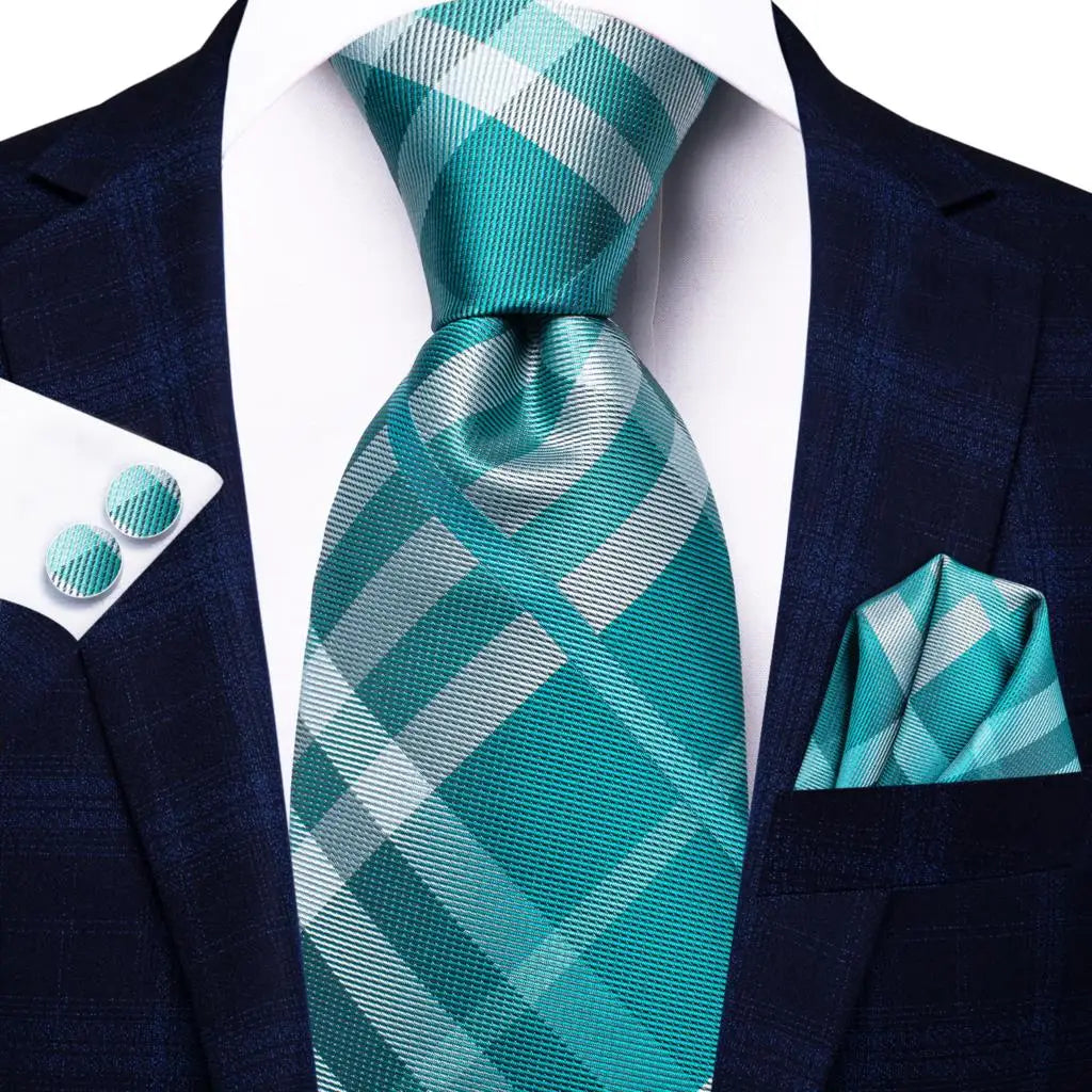 Green Luxury Blue Plaid Elegant Handky Cufflinks Tie Set