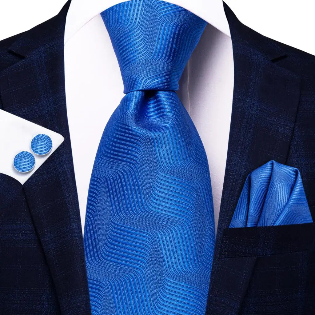 Blue Luxury Blue Plaid Elegant Handky Cufflinks Tie Set
