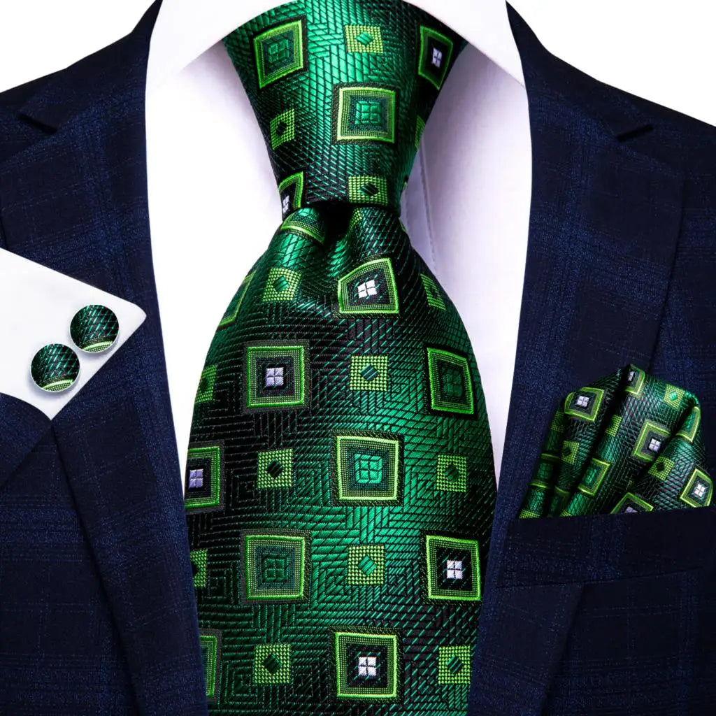 Green Luxury Blue Plaid Elegant Handky Cufflinks Tie Set