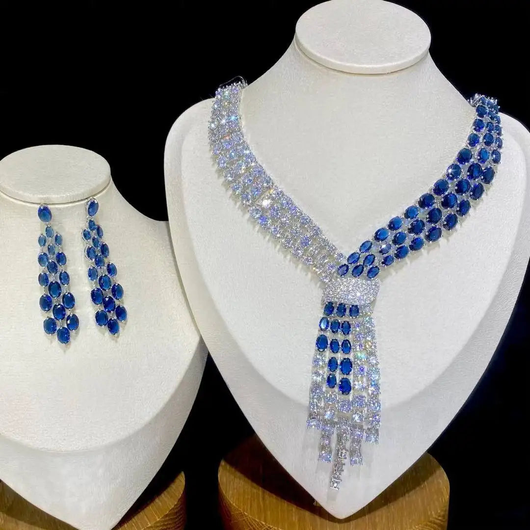 blue silver Luxury Blue Tassel Necklace Jewelry Set
