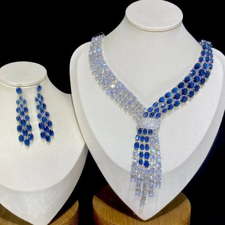 blue silver Luxury Blue Tassel Necklace Jewelry Set