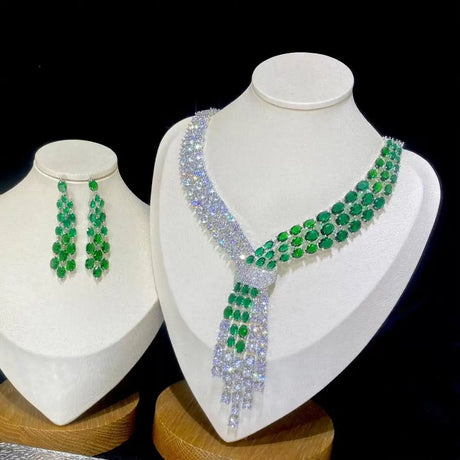 green silver Luxury Blue Tassel Necklace Jewelry Set