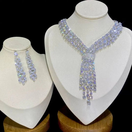 crystal Luxury Blue Tassel Necklace Jewelry Set