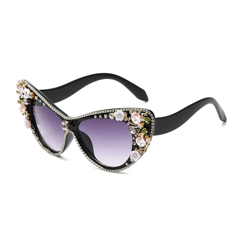 Luxury Diamond Cat Eye Big Sunglasses flower design