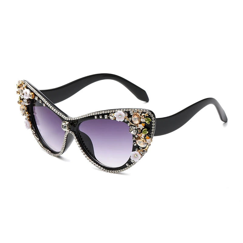 Luxury Diamond Cat Eye Big Sunglasses flower design
