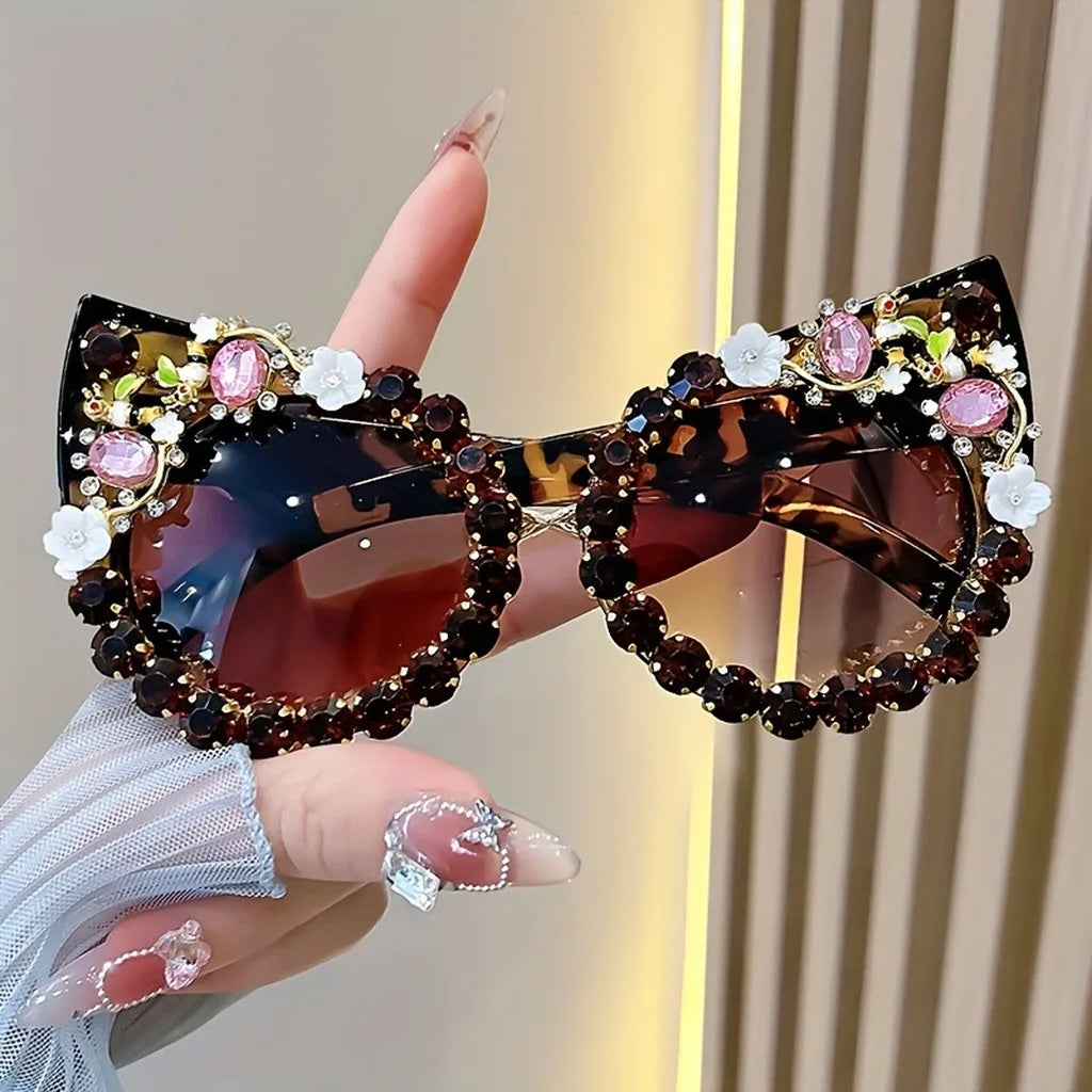 Brown Luxury Flower Rhinestone Cat Eye Sunglasses