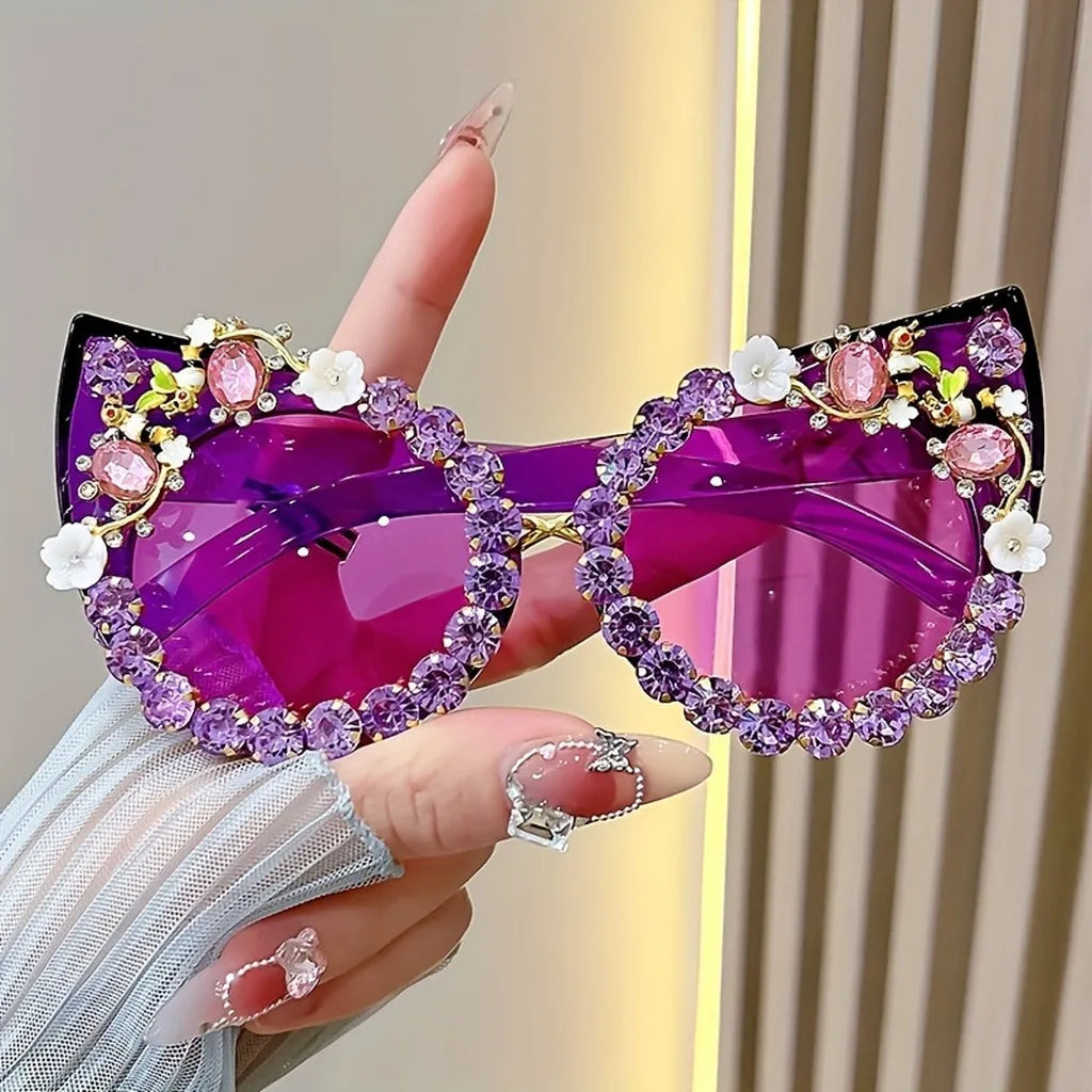 Purple Luxury Flower Rhinestone Cat Eye Sunglasses