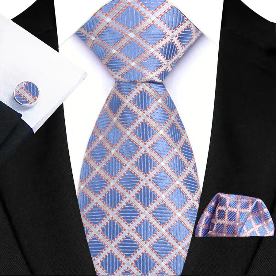 Blue Luxury Hanky Cufflinks Set Jacquard 8cm Necktie