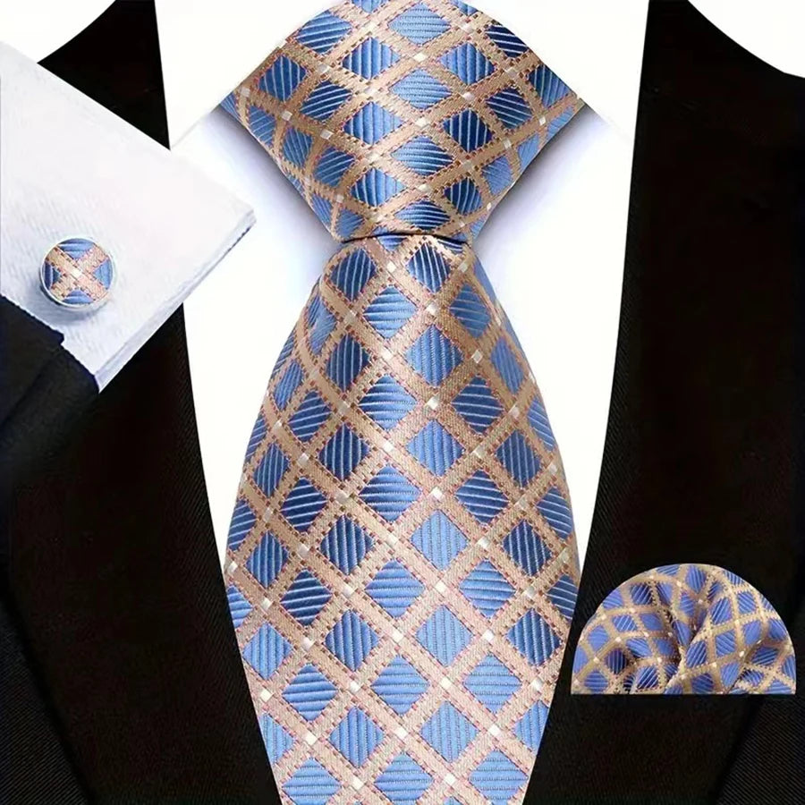 Blue Luxury Hanky Cufflinks Set Jacquard 8cm Necktie