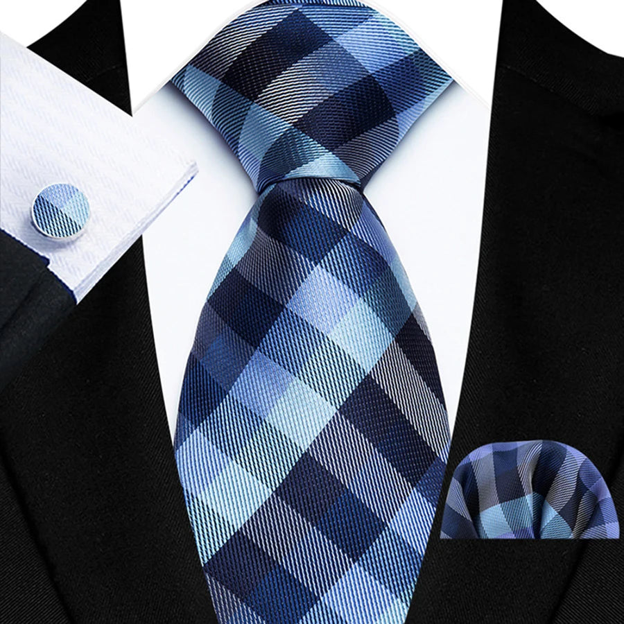 Blue Luxury Hanky Cufflinks Set Jacquard 8cm Necktie