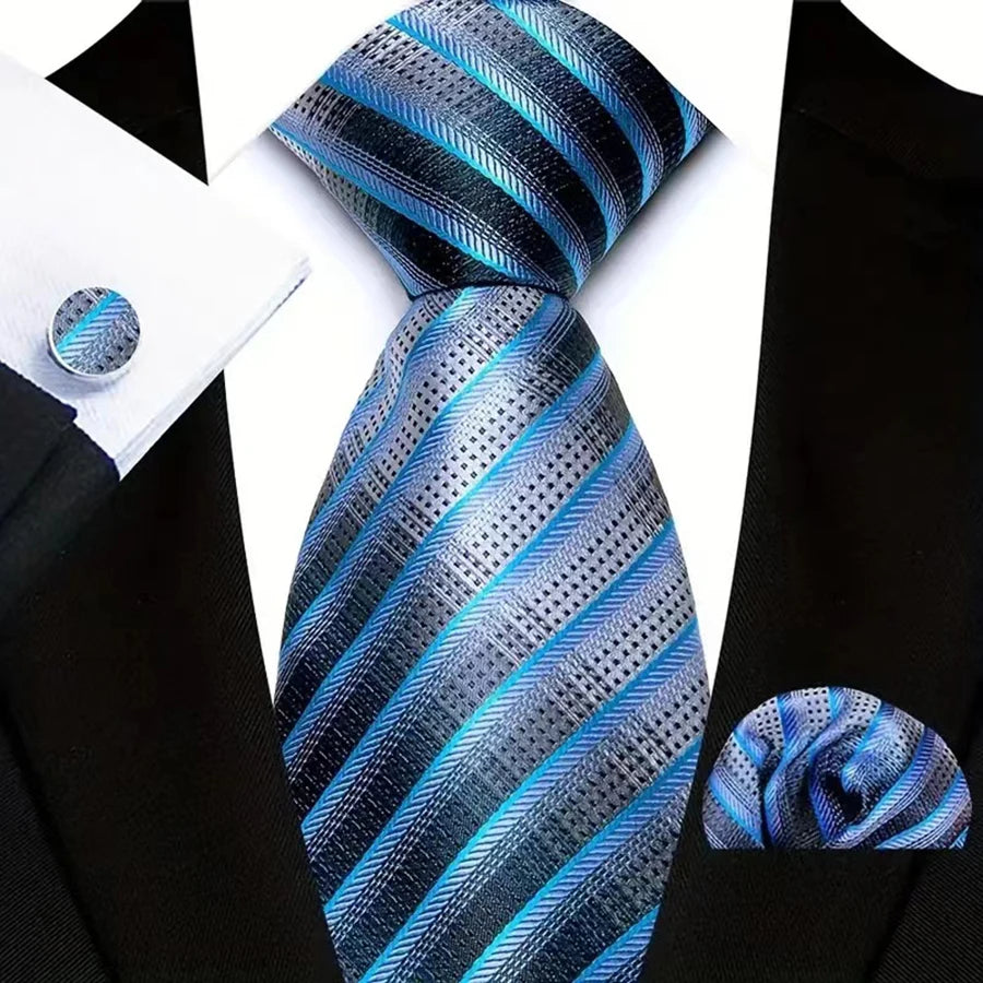 Blue Luxury Hanky Cufflinks Set Jacquard 8cm Necktie