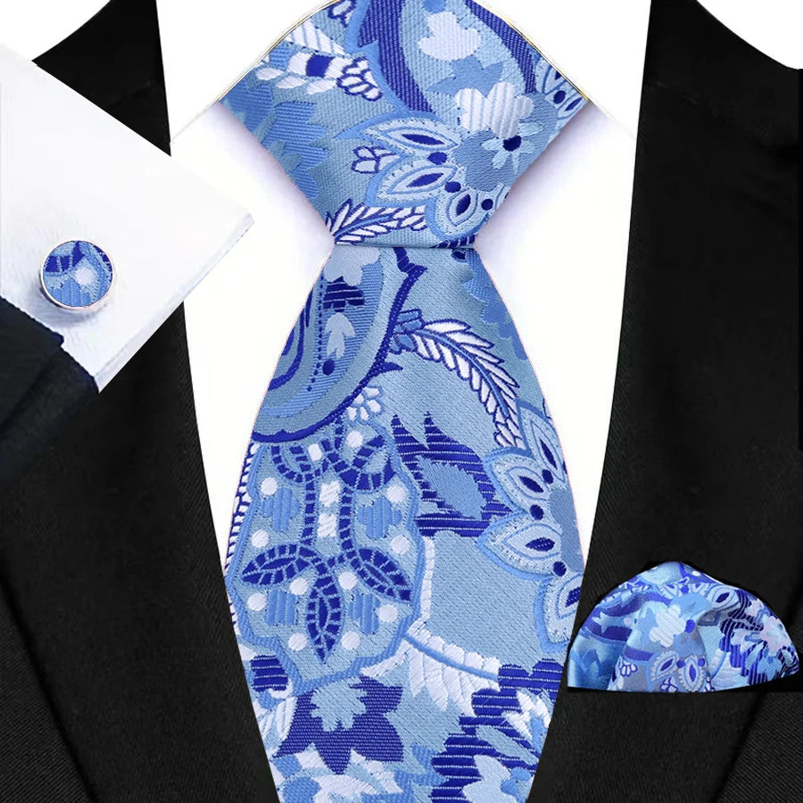 Blue Luxury Hanky Cufflinks Set Jacquard 8cm Necktie