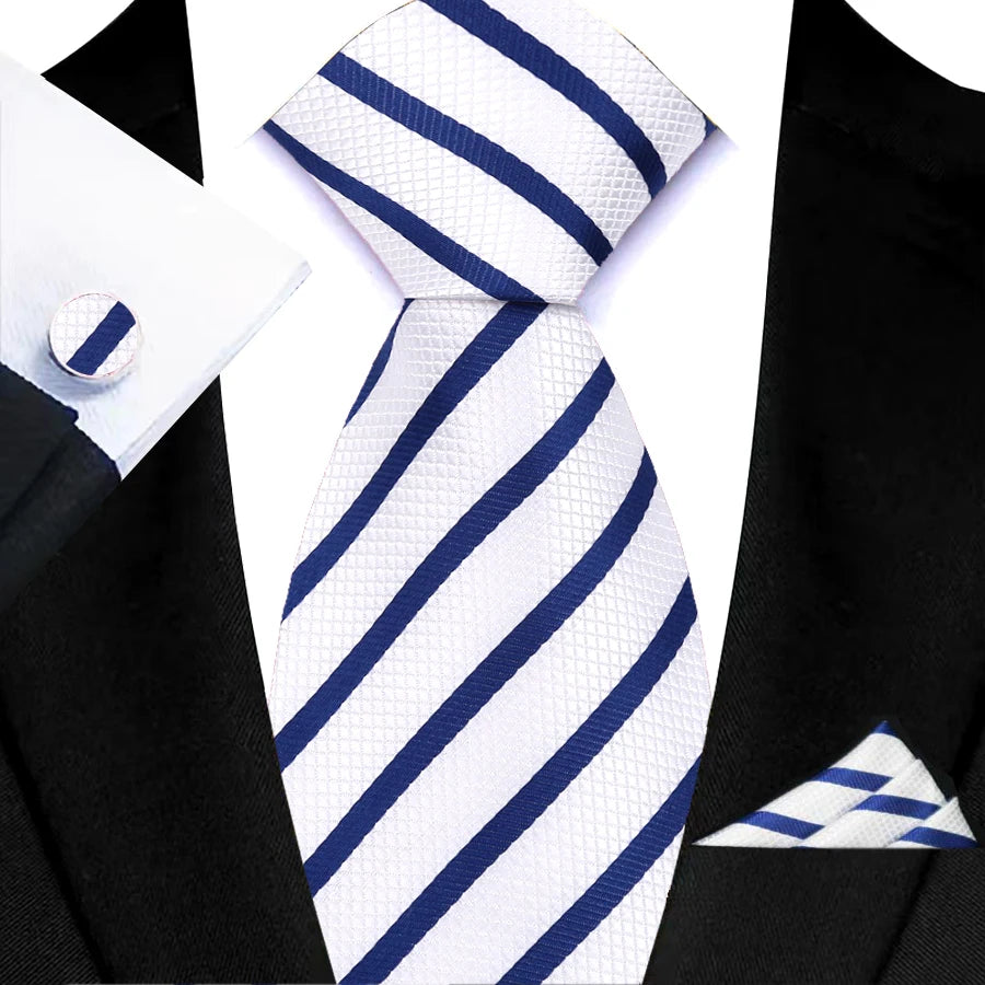 White Luxury Hanky Cufflinks Set Jacquard 8cm Necktie