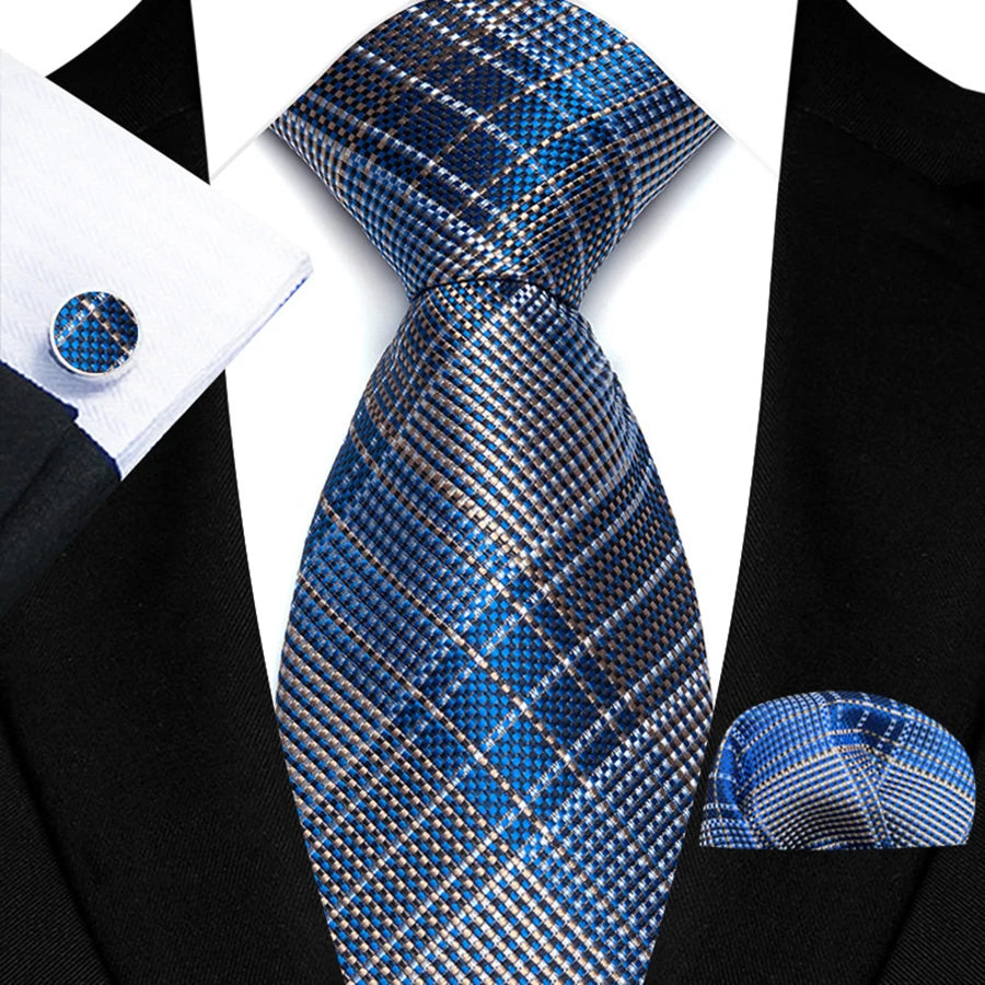 Blue Luxury Hanky Cufflinks Set Jacquard 8cm Necktie