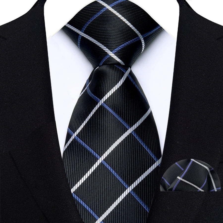 Black Luxury Jacquard Handkerchief Set Dot Plaid 8CM Tie