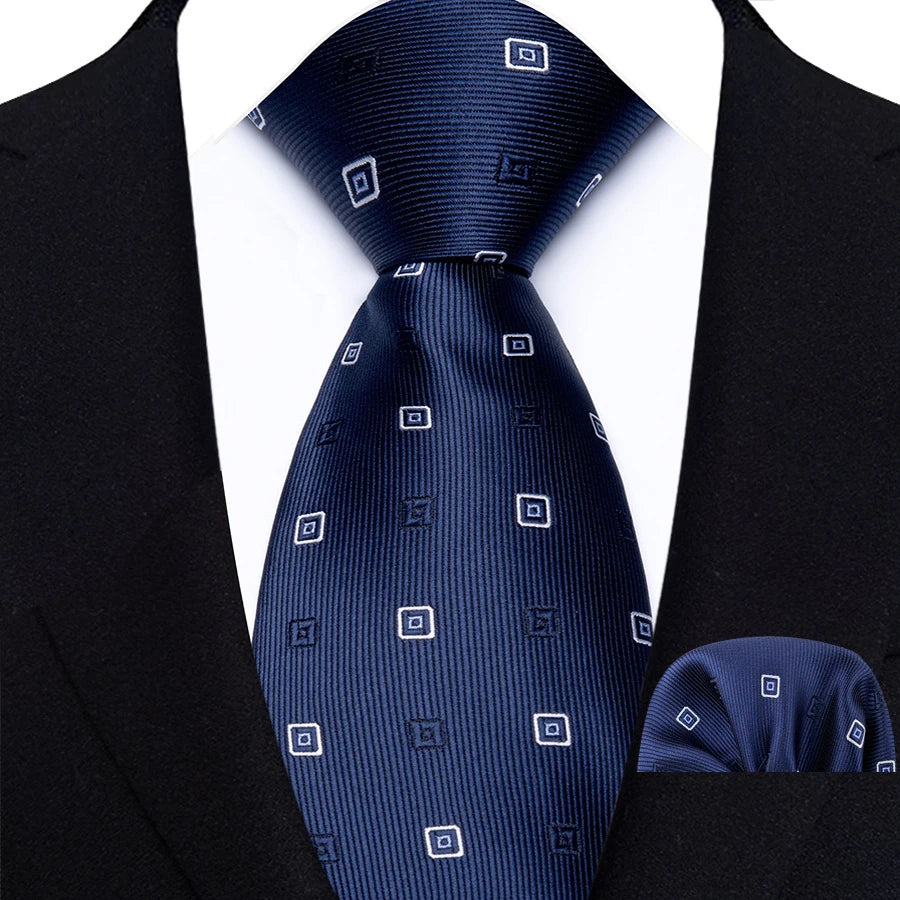 Blue Luxury Jacquard Handkerchief Set Dot Plaid 8CM Tie