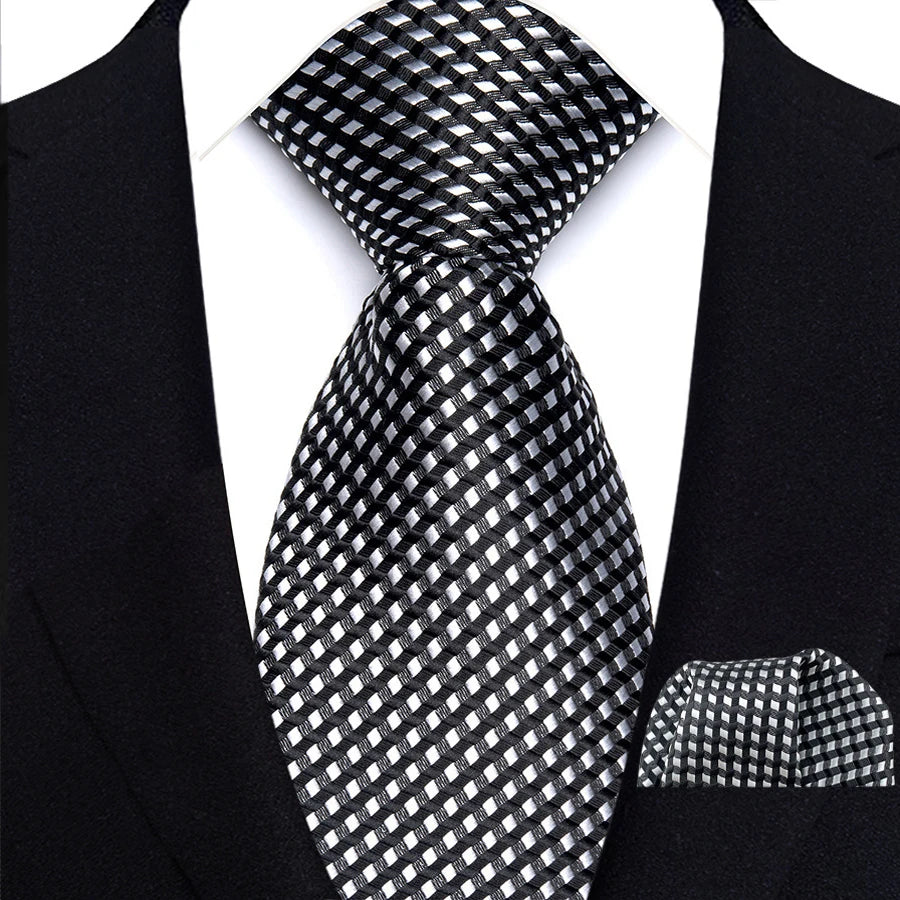 Black Luxury Jacquard Handkerchief Set Dot Plaid 8CM Tie
