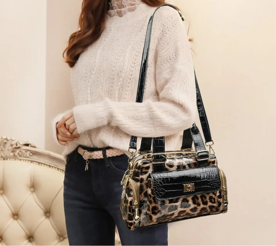 Model Using Luxury Leopard Print Shoulder Crossbody Bag