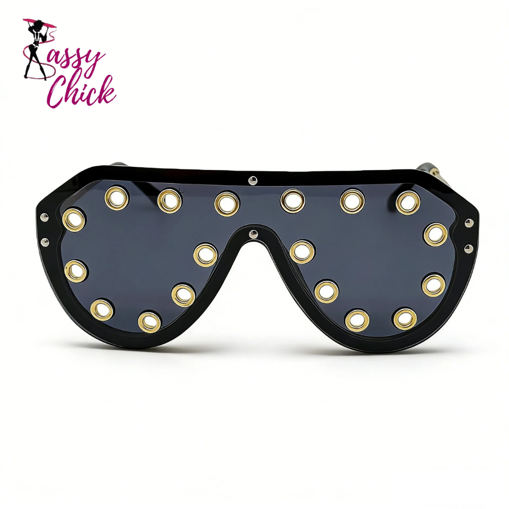 Luxury Metal Rivet Oversized One-piece Sunglasses Sassy Chick Logo