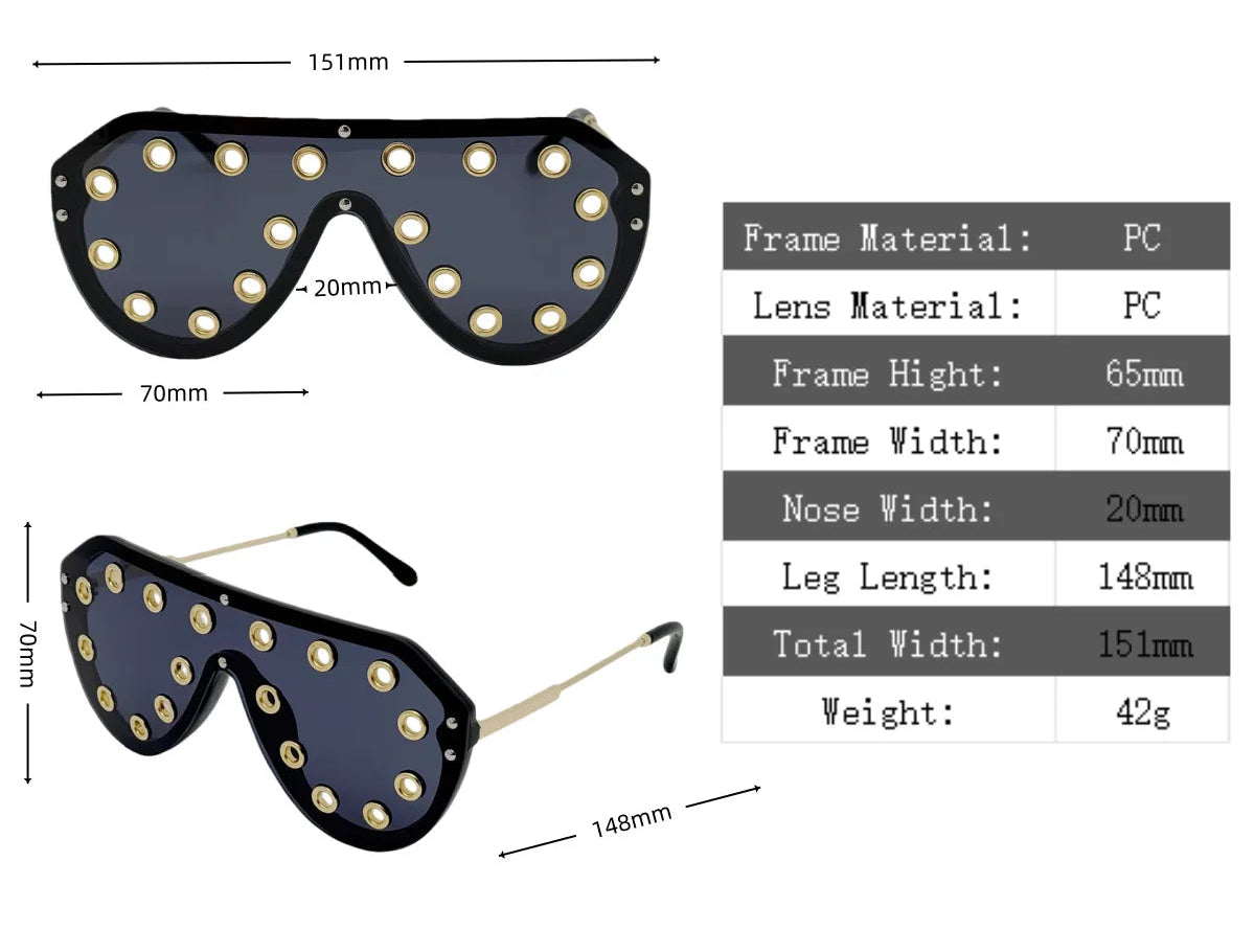 Size of Luxury Metal Rivet Oversized One-piece Sunglasses