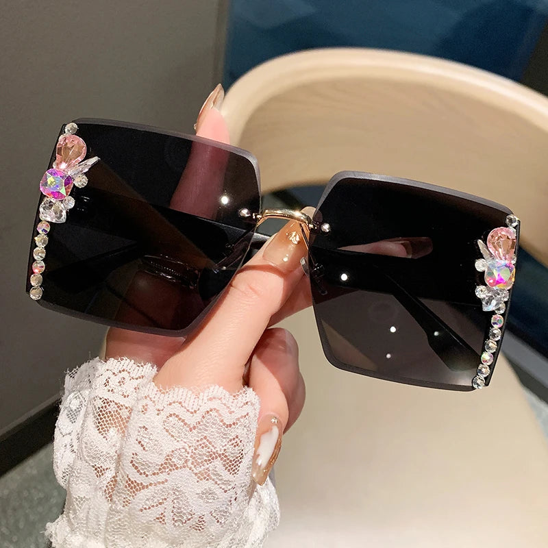 Black Luxury Oversized Square Rimless Sunglasses