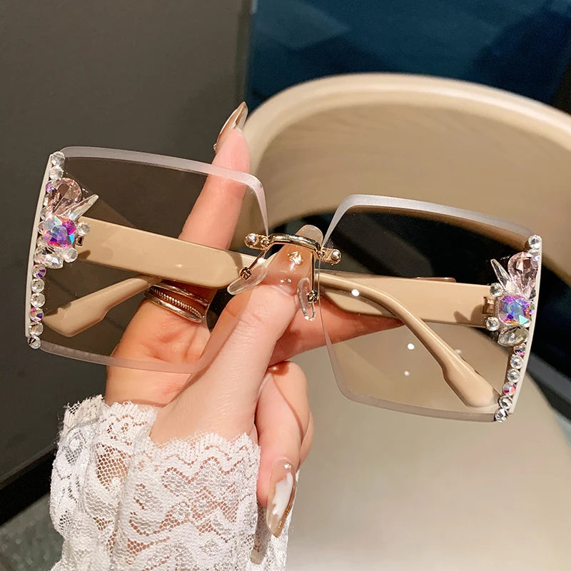 Beige Luxury Oversized Square Rimless Sunglasses
