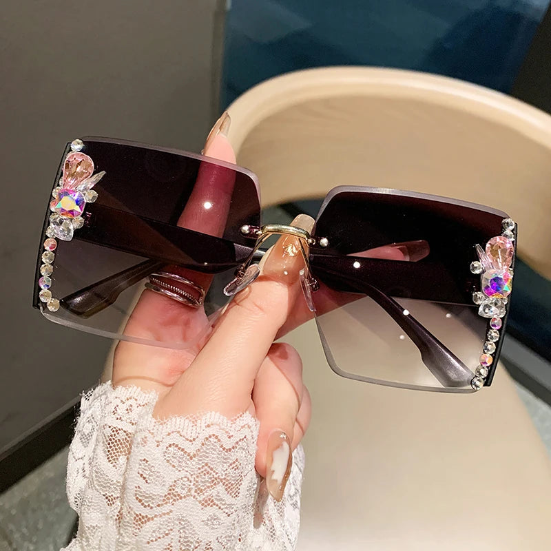 Black Luxury Oversized Square Rimless Sunglasses