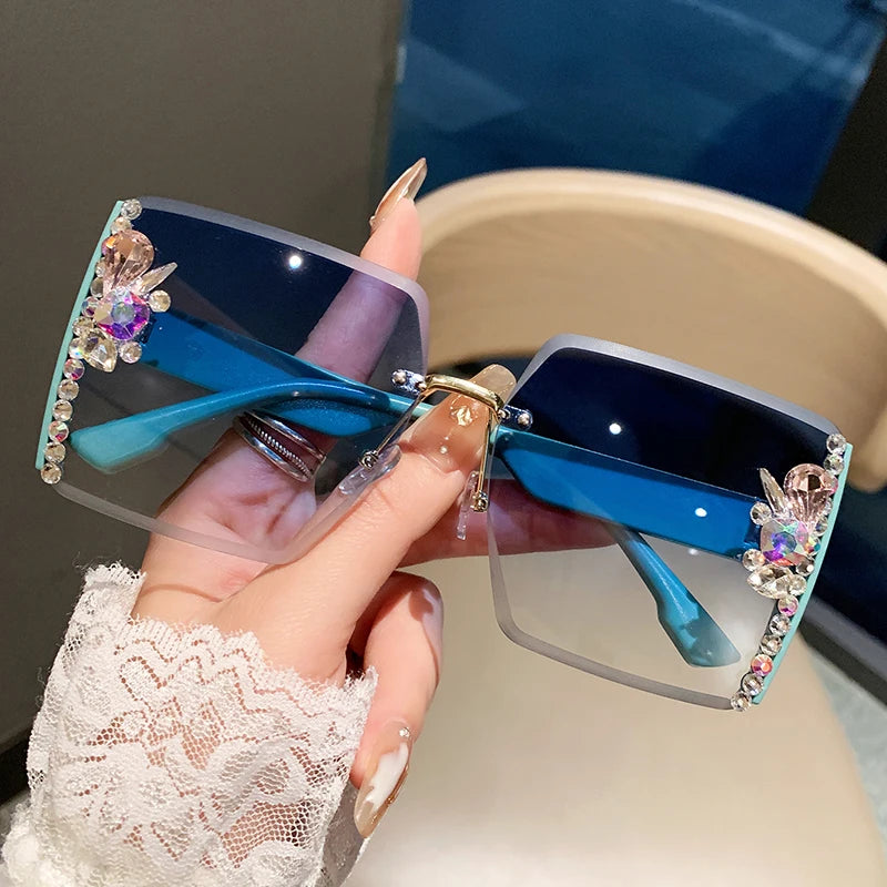Blue Luxury Oversized Square Rimless Sunglasses