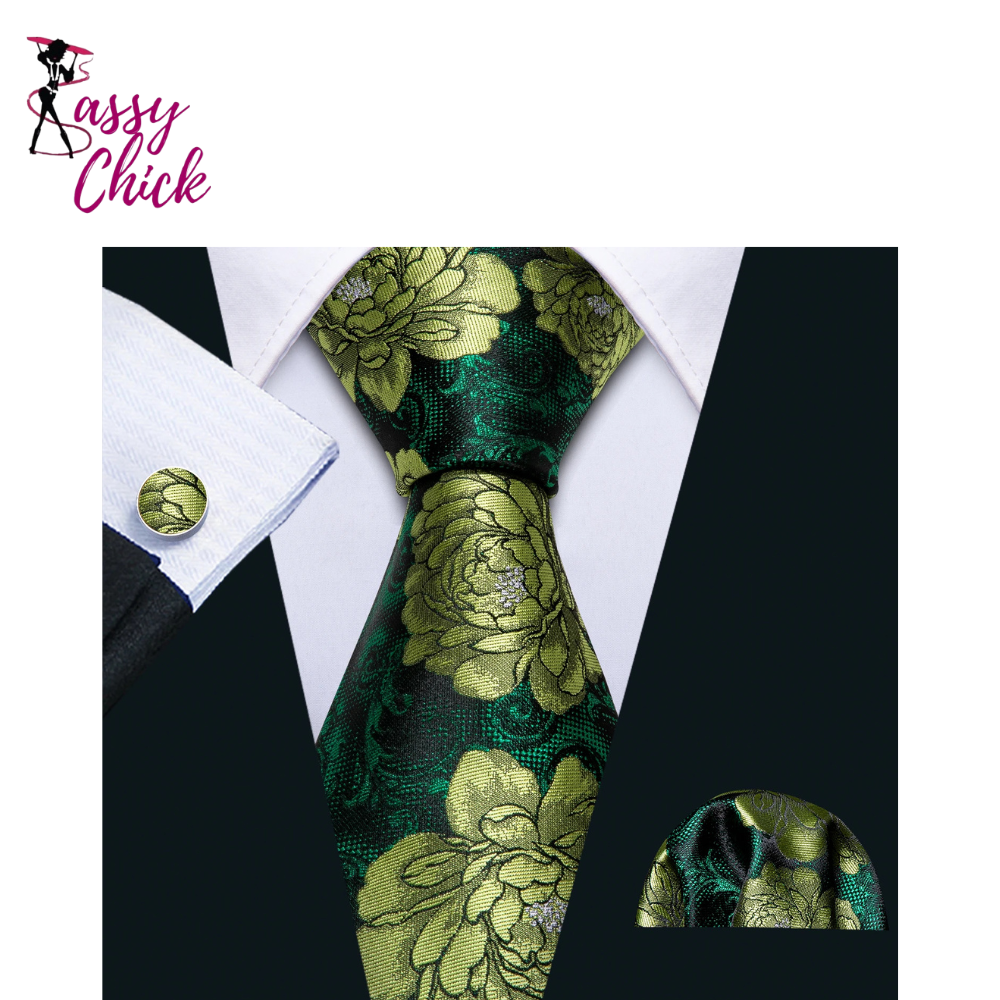 Luxury Pocket Square Cufflink Set Floral Silk Necktie Sassy Chick Logo