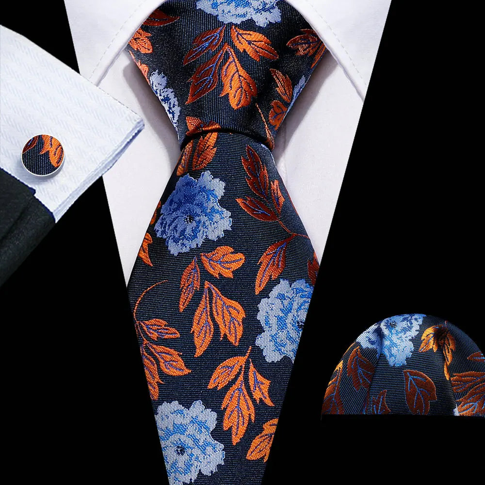 Blue Luxury Pocket Square Cufflink Set Floral Silk Necktie