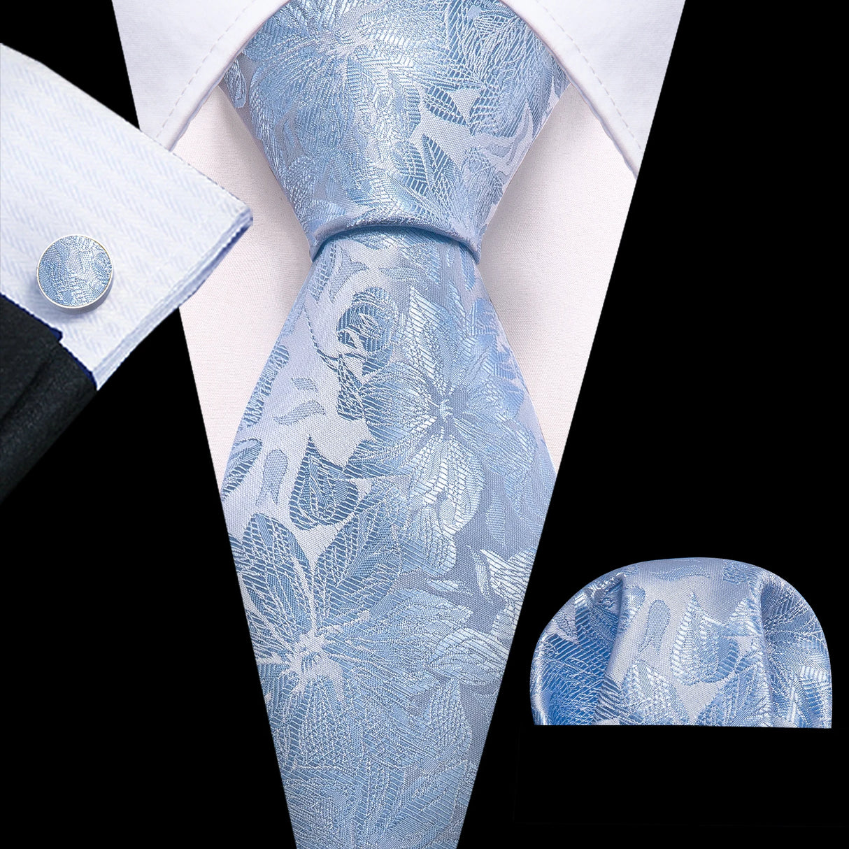 Blue Luxury Pocket Square Cufflink Set Floral Silk Necktie