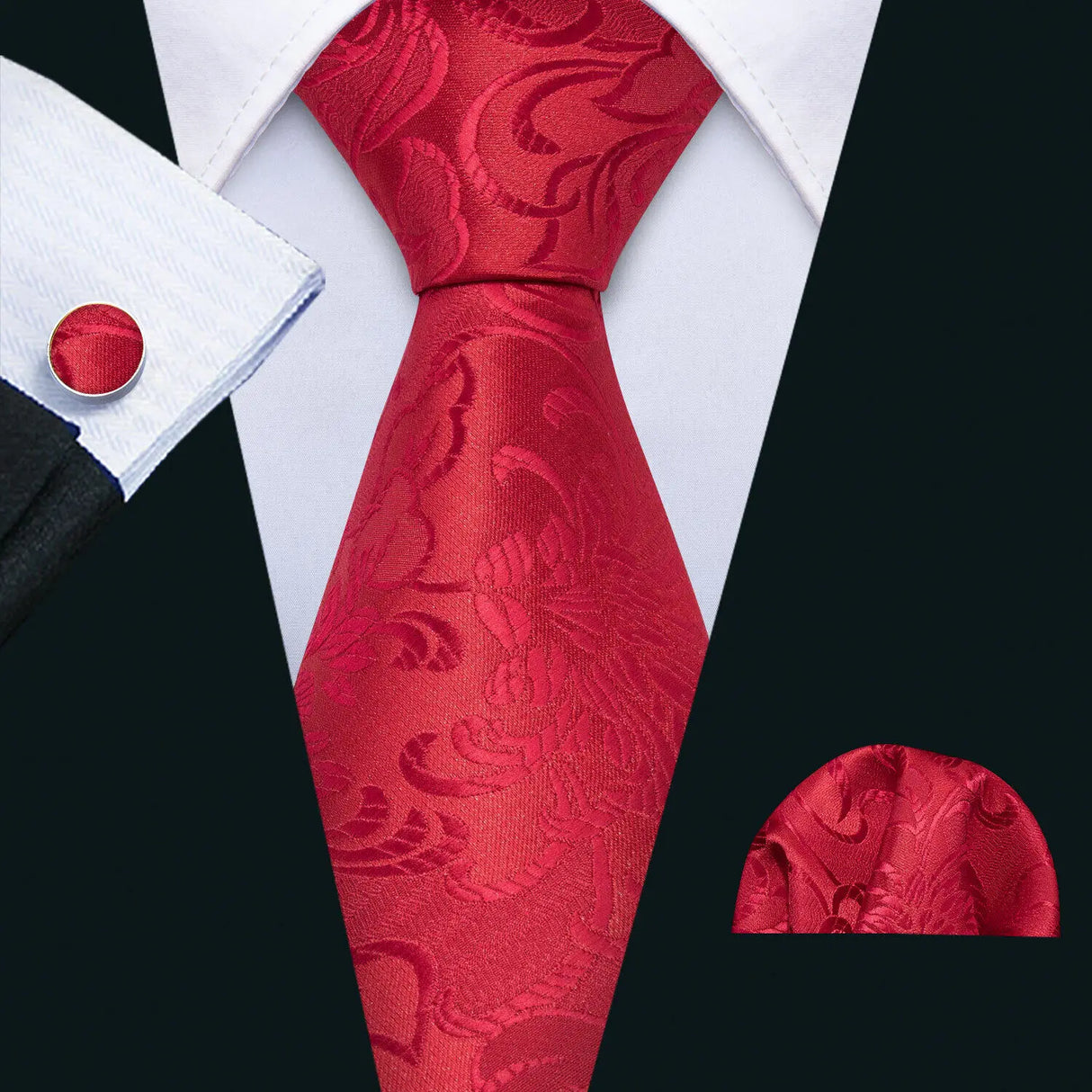 Red Luxury Pocket Square Cufflink Set Floral Silk Necktie