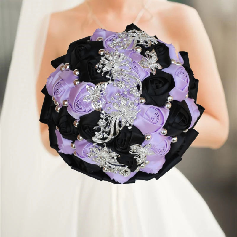 Black Purple Luxury Rhinestone Handmade Flowers Bouquet