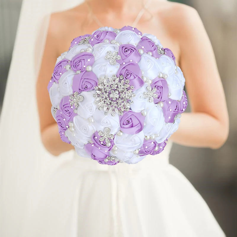 White Purple Luxury Rhinestone Handmade Flowers Bouquet