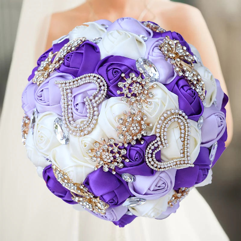 White Purple Luxury Rhinestone Handmade Flowers Bouquet