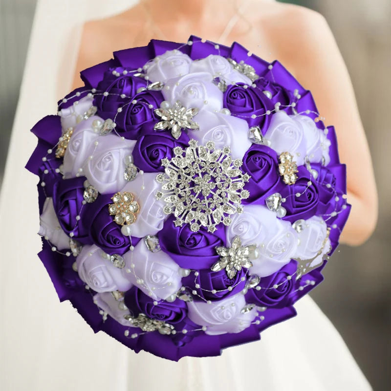 White Purple Luxury Rhinestone Handmade Flowers Bouquet