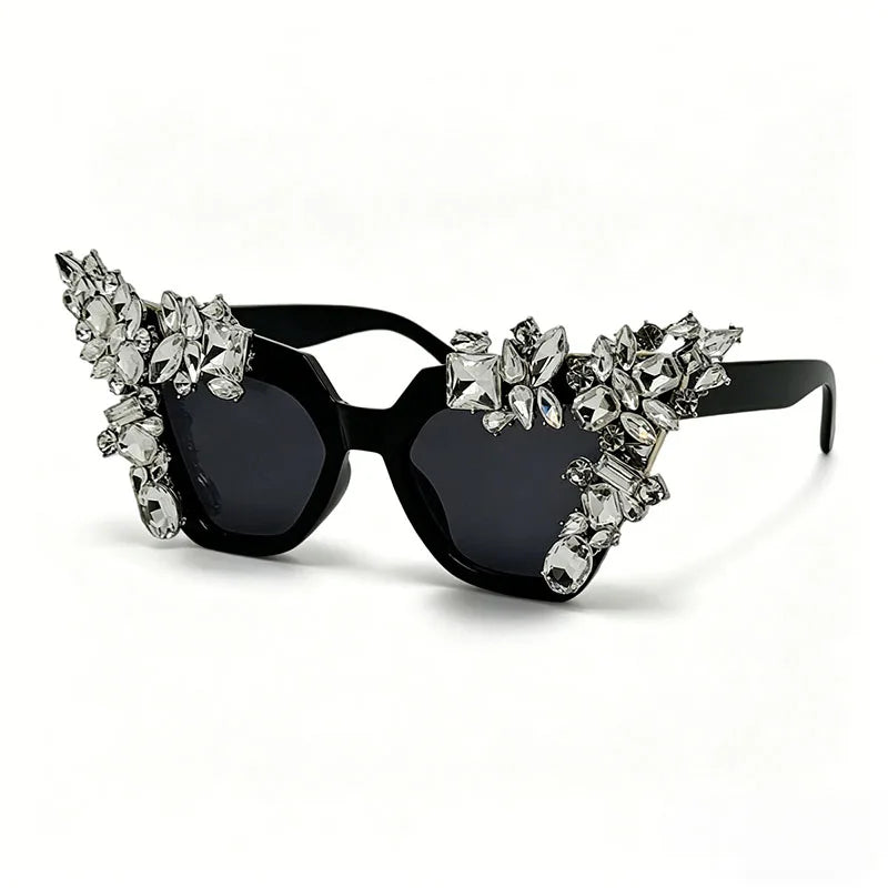 Black Luxury Shiny Retro Oversized Cat Eye Crystal Sunglasses
