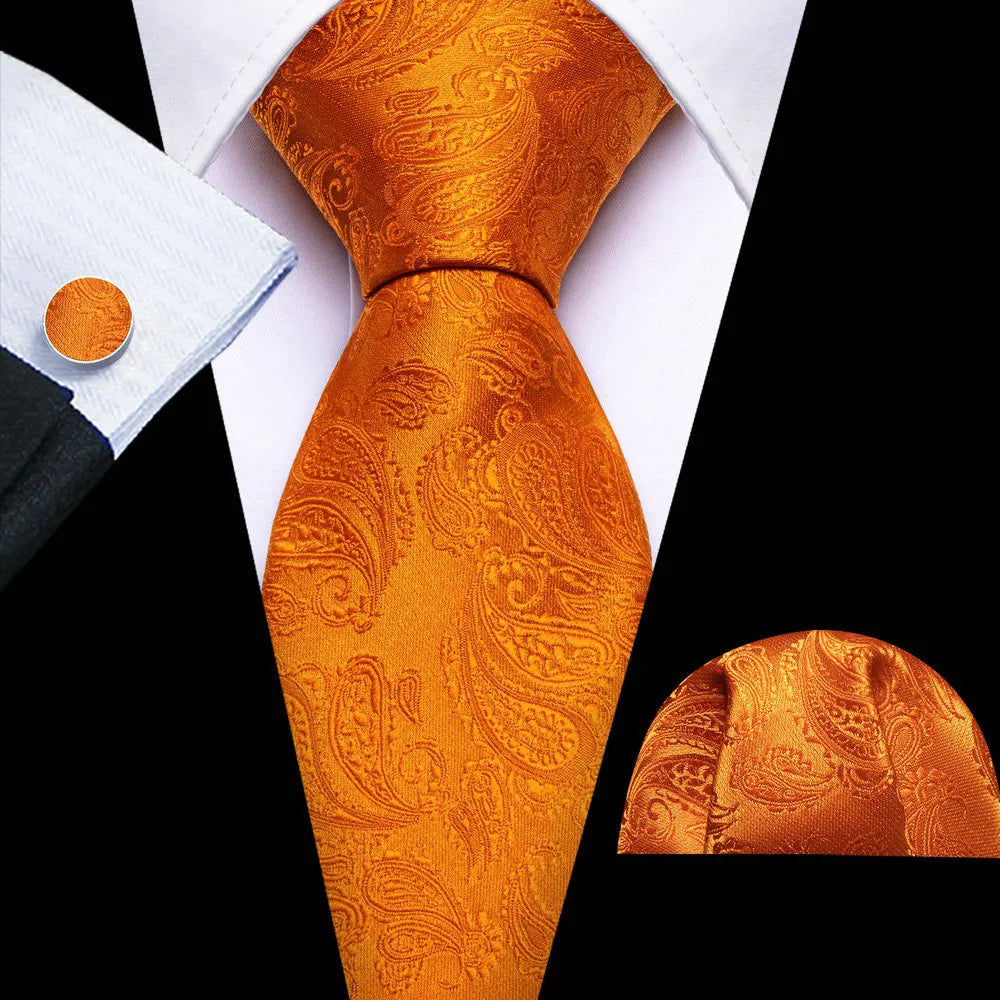 Orange Luxury Silk Jacquard Floral Paisley Necktie